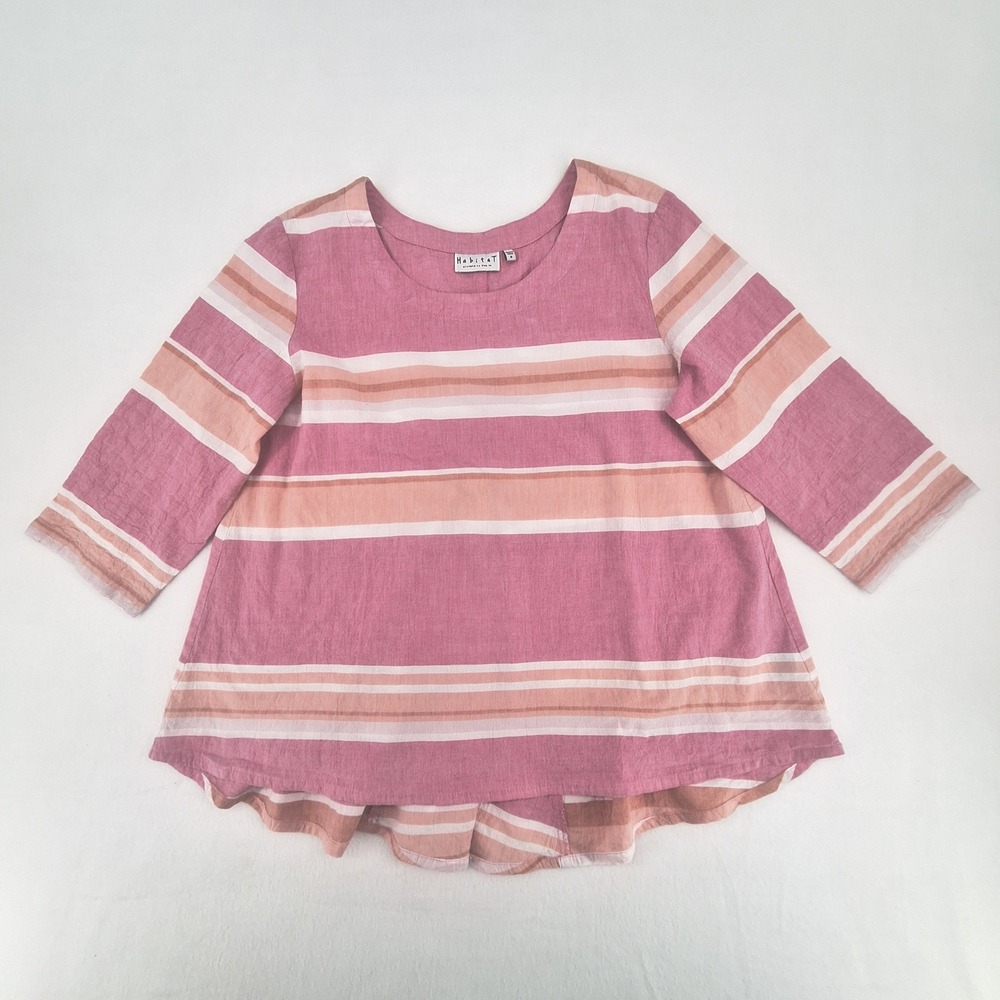 Habitat Striped Tunic Womens Medium Pink Orange 3/4 Sleeve Split Back Swing Top